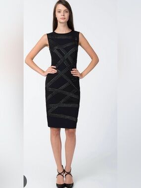 Tadashi Shoji Black and Silver Asymmetric Banded Dress Size Large